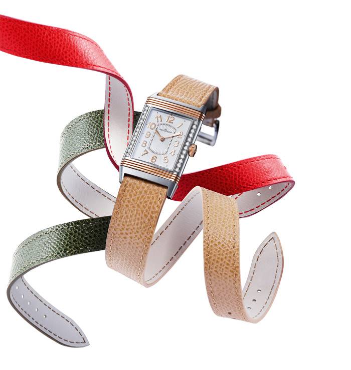 El Jaeger-LeCoultre Grande Reverso Ultra Thin con las correas Rojo “ribes”, Verde “muschio«o Beige»canneté"