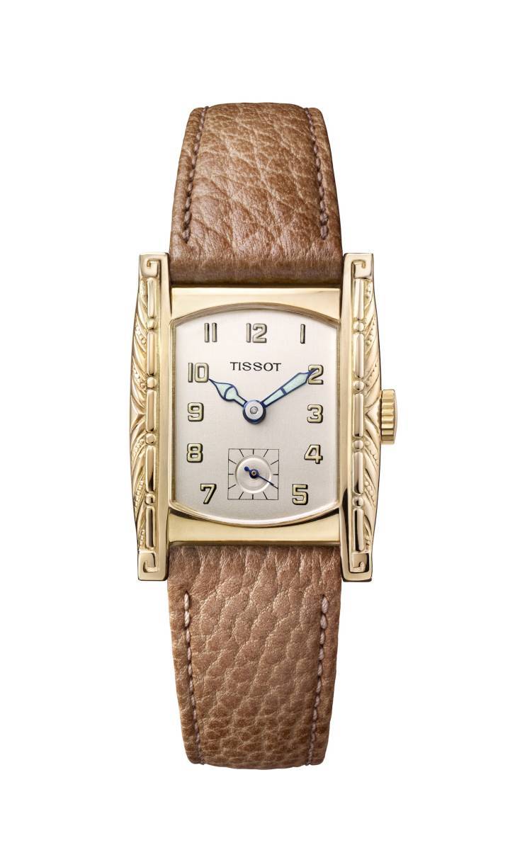 Reloj de pulsera Tissot de oro para mujer con correa de piel, fechado en 1927. Esta pieza es muy similar a la que aparece en el anuncio. Colección del Museo Tissot. E00012339.