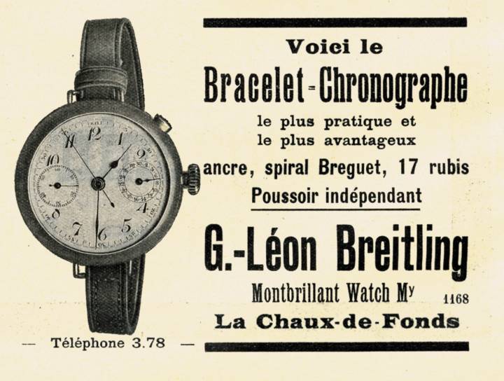 Un anuncio de 1910 del primer cronógrafo monopulsador de Breitling.