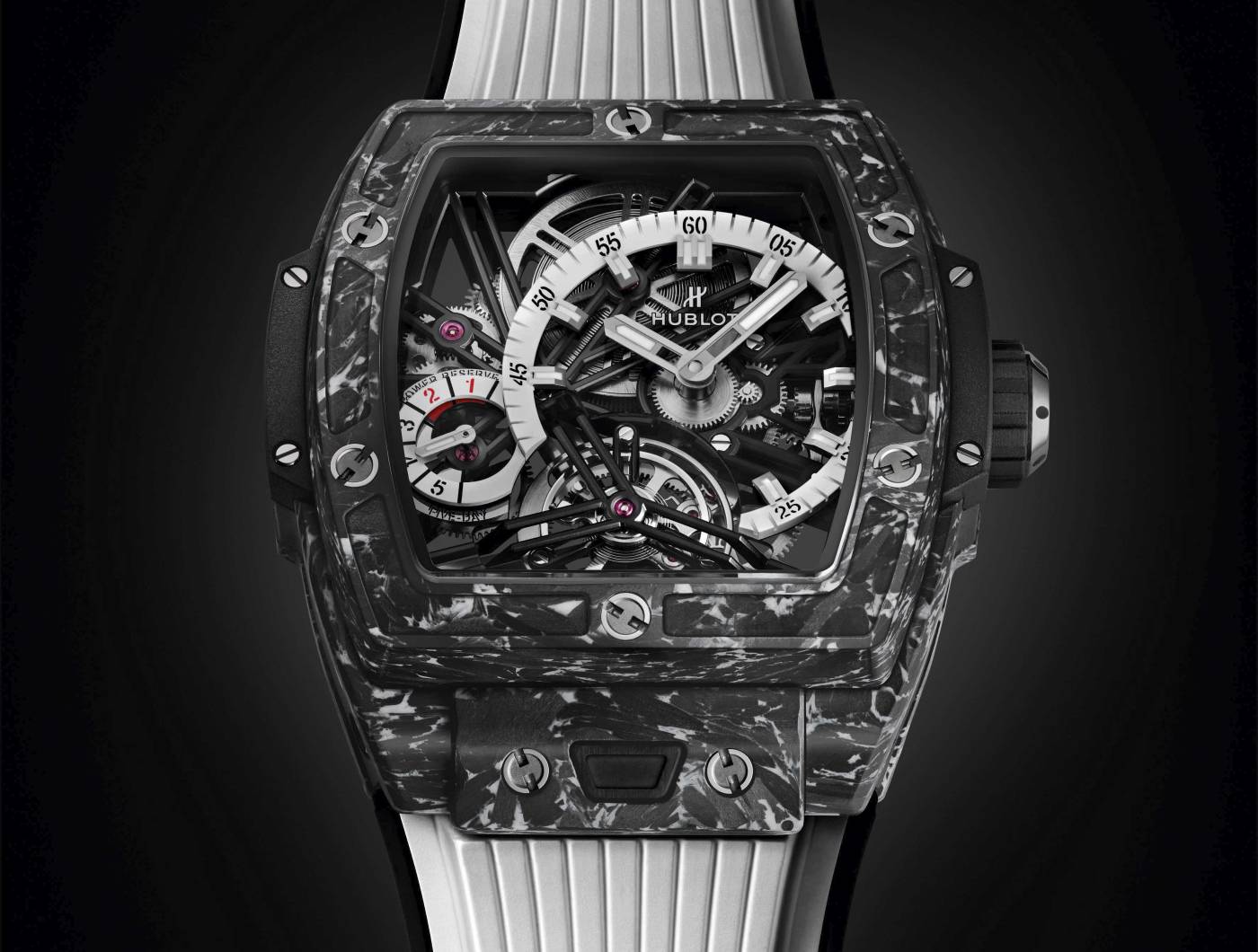 El tourbillon con los códigos que son la firma de Hublot