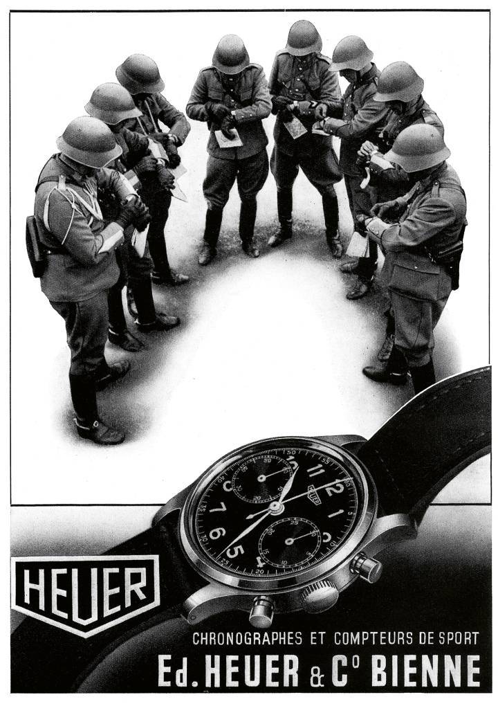 1941: La publicidad no puede ignorar la actualidad. En Suiza se teme una invasión Alemana y el ejército prepara la defensa del país. La imagen de los oficiales sincronizando sus relojes, elegida por Heuer en combinación con un cronógrafo resistente al agua, dice mucho.