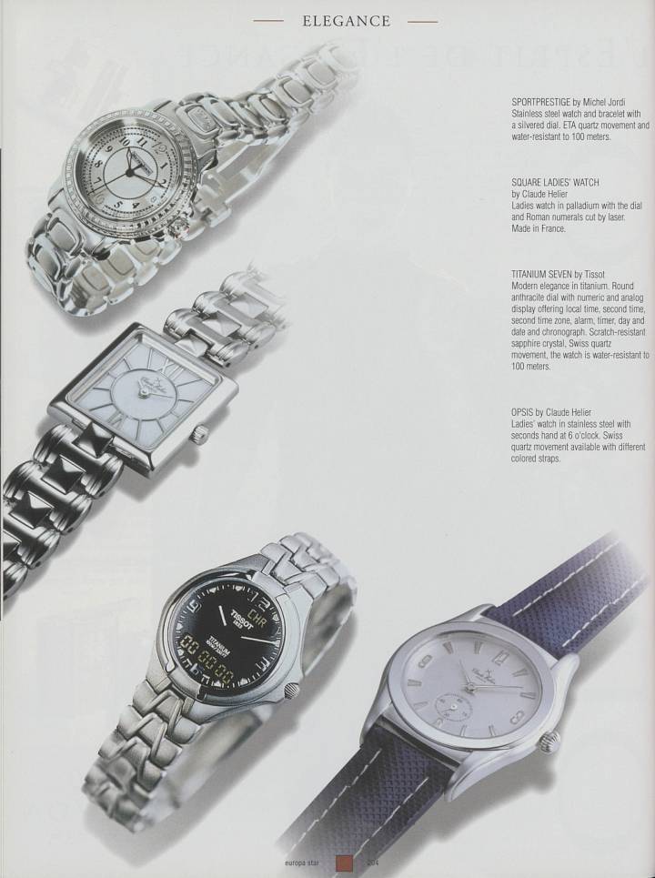 Un reloj con esfera híbrida (analógica y digital) de Tissot en una edición de 1999 de Europa Star (abajo a la izquierda). El nuevo modelo conectado de la marca es una continuación de su línea híbrida y multifuncional T-Touch.