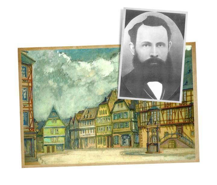 La única imagen que sobrevive del taller y el hogar del fundador Philip Wolf I está en esta pintura. Hanau fue destruido en gran parte por los ataques aéreos Británicos en 1945.