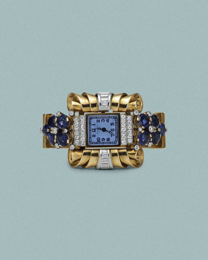 Una selección de modelos de archivo de la “primera era de la relojería” de Tiffany & Co., que datan respectivamente de 1889, 1895, 1924 y 1939.