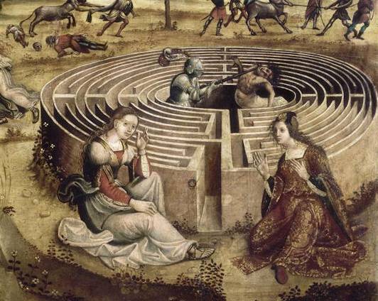 Una interpretación medieval del Minotauro, Téseo y el Laberinto