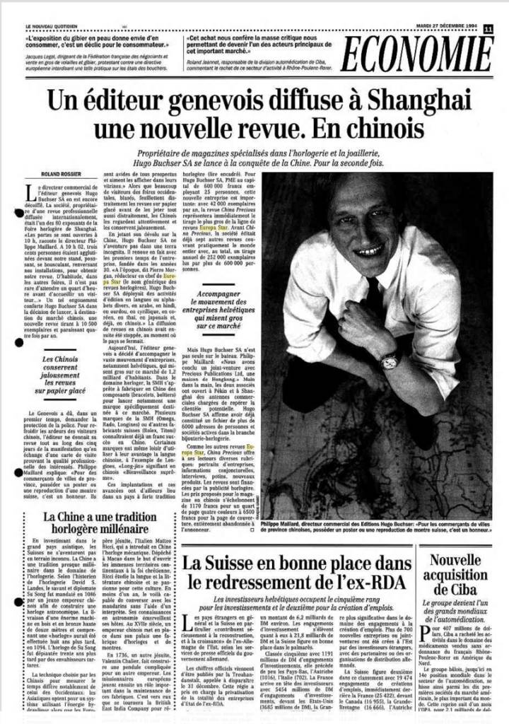 Extracto de Le Nouveau Quotidien sobre el lanzamiento de una nueva versión China de Europa Star en 1994.