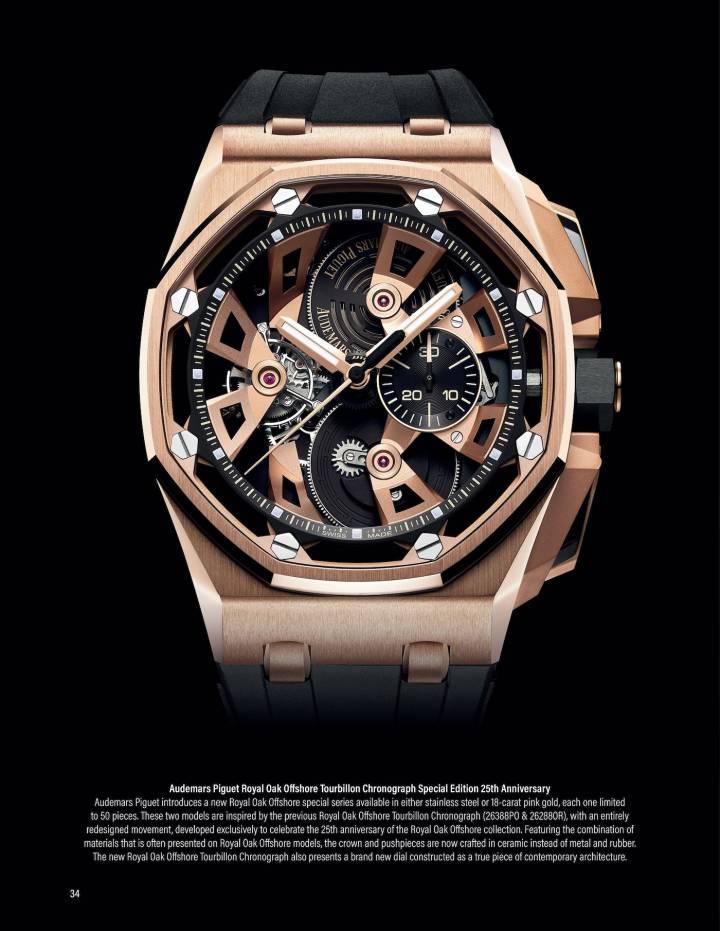 Audemars Piguet celebró un cuarto de siglo del modelo con el notable Royal Oak Offshore Tourbillon Chronograph Special Edition 25th Anniversary en 2017. Fue una evolución del modelo Tourbillon Chronograph anterior con una estructura completamente nueva que muestra todo el movimiento, incluido el fino tourbillon en las 9 .