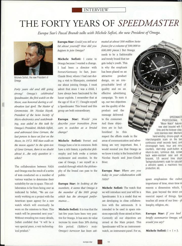 Artículo de Pascal Brandt sobre el 40º aniversario del Speedmaster, publicado en 1997 en Europa Star. Un cuarto de siglo después, Brandt se pregunta qué es (y qué no es) un ícono: un concepto que se ha extendido por la industria.