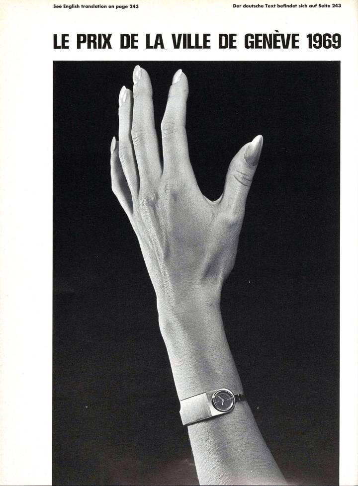 El codiciado Prix de la Ville de Genève, el antepasado del GPHG de hoy. En 1969, Jean-Pierre Hellé de Omega recibió una mención en la categoría de relojería por este reloj de oro blanco.