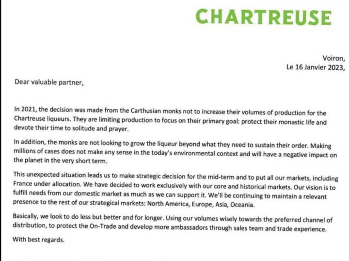 Comunicado de prensa de Chartreuse Verte SA explicando la decisión de dejar de ampliar su producción.