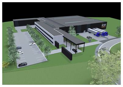 Una representación 3D del futuro centro de almacenaje y distribución Europeo de Ice-Watch en Bastogne 