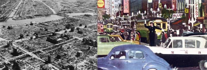 Izquierda: Tokyo en 1945 después de los duros bombardeos - Derecha: Tokyo en 1960