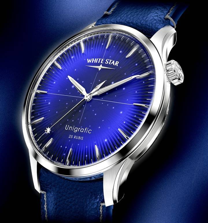Con su esfera azul medianoche, adornada con estrellas centelleantes, y su corona a las 2 en punto, el White Star Unigrafic es el reloj de vestir de la marca.