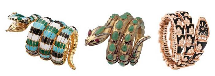 De Izquierda a Derecha: Brazalete-reloj Serpenti en oro amarillo y esmalte policromado. Las escamas están decoradas con esmalte blanco, negro, verde y turquesa, la cabeza tiene ojos de esmeralda en forma de pera que ocultan una esfera circular, ca 1965 - Pulsera Serpenti de oro amarillo adornado con jade, rubíes y diamantes, ca 1968 - Joyero Serpenti y reloj de oro rosa con pulsera de oro de doble vuelta con 385 diamantes talla brillante (4,12 ct) y esfera de zafiro negro esgastada con 33 diamantes.