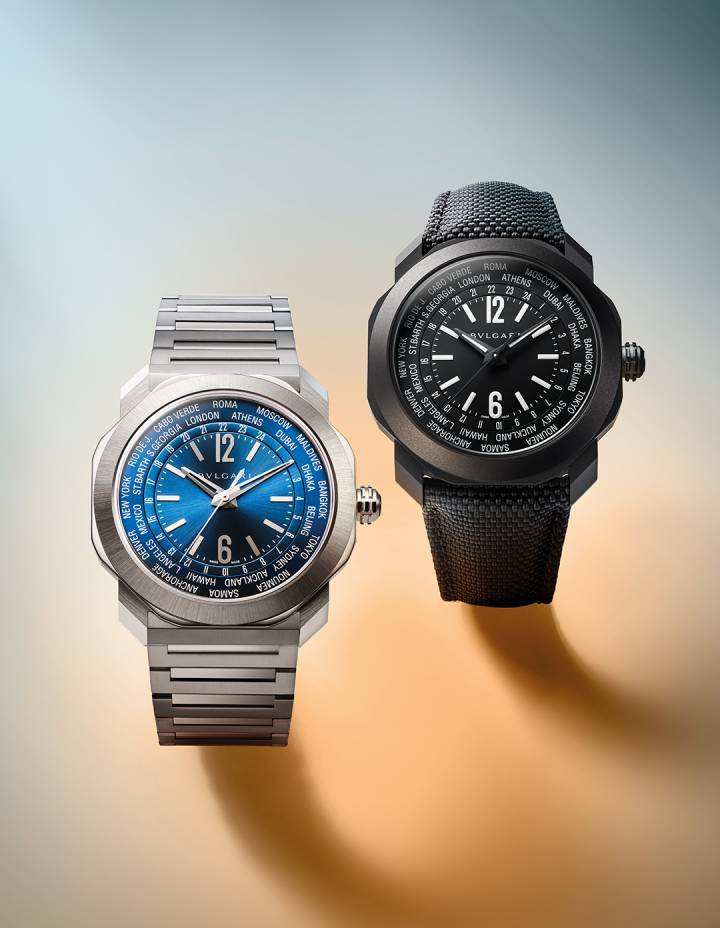 En la última edición de los Geneva Watch Days, Bulgari presentó su nuevo modelo Octo Roma WorldTimer con un indicador central de horas, minutos y segundos, combinado con un doble disco giratorio en el borde exterior: uno para las 24 ciudades de referencia y el otro con 24 -Escala graduada de horas.