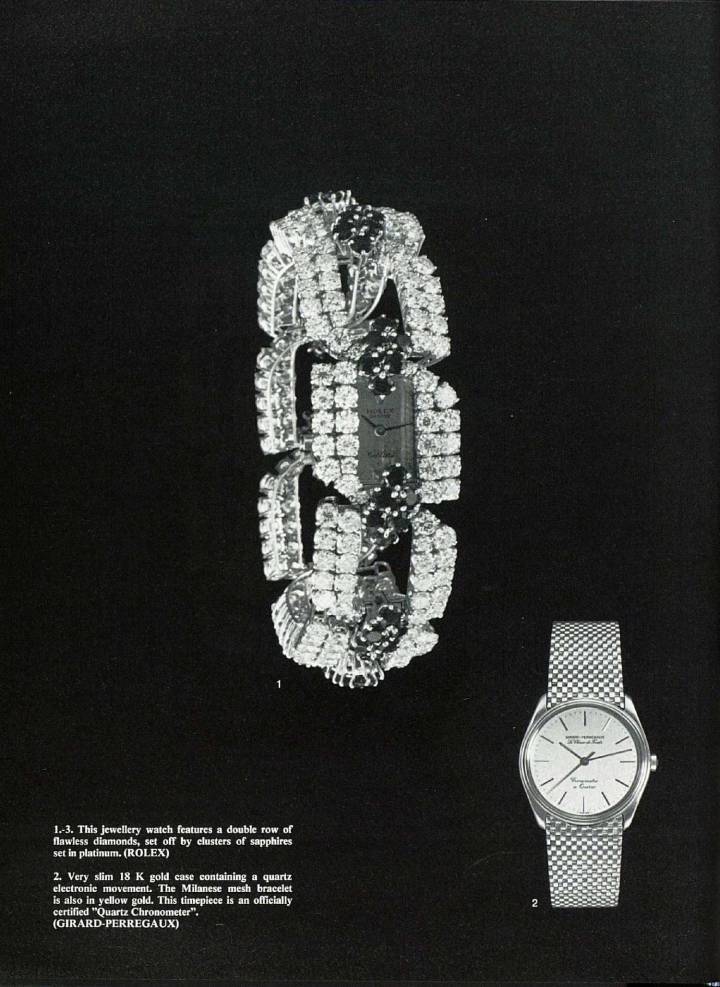 En la década de 1970, los relojes de cuarzo llegaron a la feria de Montres et Bijoux. Este modelo de Girard-Perregaux se ve muy discreto en la página junto con el reloj de joyería presentado por Rolex.