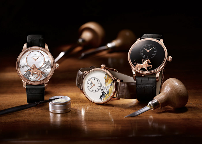 Izquierda: PETITE HEURE MINUTE RELIEF HORSE - Centro: PETITE HEURE MINUTE HORSES - Derecha: PETITE HEURE MINUTE LOW RELIEF HORSE (todos de Jaquet Droz)