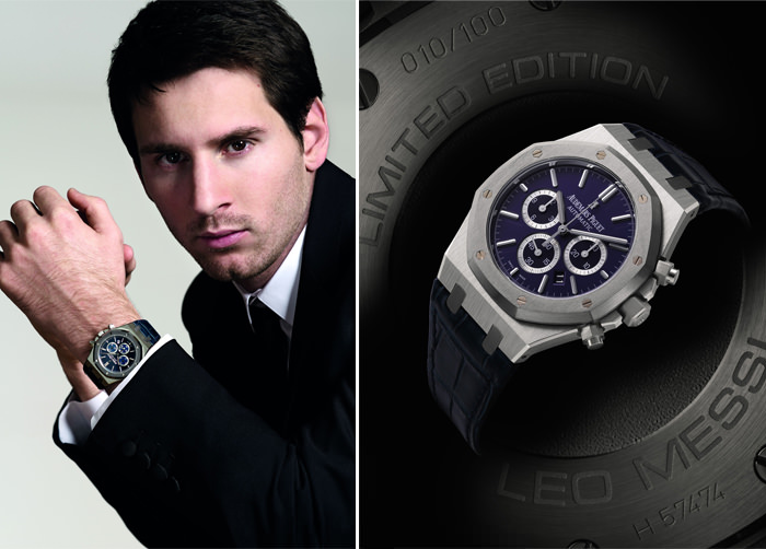 Izquierda: Leo Messi vistiendo el «Royal Oak Chronograph Leo Messi» - Derecha: El Limited Edition Royal Oak