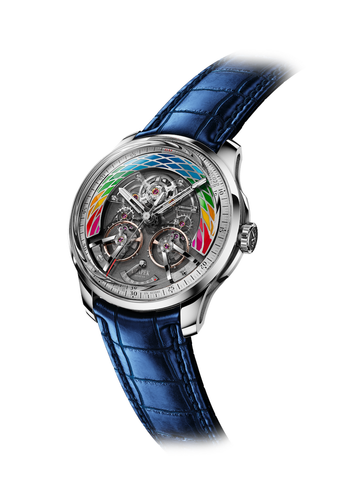 Con todos los colores de Only Watch 2023, el motivo esmaltado del exclusivo Place Vendôme Complicité está inspirado en las ondas de la superficie del lago de Ginebra.