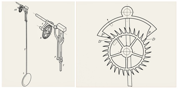 William Clement (1620-1713): escape de péndulo y ancla para un reloj. Uno de los primeros ejemplos de la construcción de la rueda de escape y la horquilla de paleta que se encuentra en los escapes separados que equipan prácticamente todos los relojes mecánicos en la actualidad. Páginas 36-38.