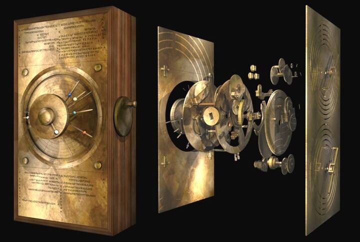 Reconstrucción explosionada del mecanismo de Antikythera, un dispositivo de 2.000 años de antigüedad al que a menudo se hace referencia como la «computadora» más antigua del mundo.