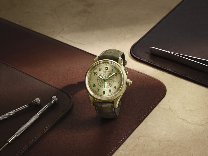 También inspirado en la herencia de Minerva, el Montblanc 1858 Split Second Chronograph Limited Edition 18 ha sido elaborado en una aleación de oro llamada “oro lima”.