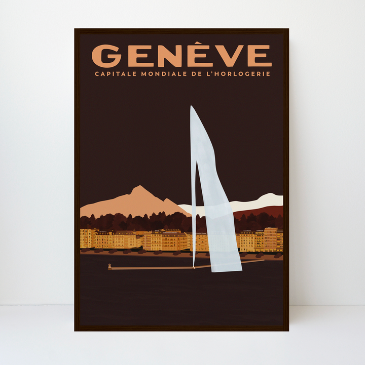 Genève, Capitale Mondiale de l'Horlogerie: esta obra de arte, que también forma parte de la colección Bucherer, da protagonismo al monumento más famoso de Ginebra, el Jet d'Eau, en su clásica «pose»: la vista inimitable de Rade de Genève desde el Paseo de la margen derecha. Detrás se pierden las montañas de Salève, Môle, Aravis y Mont-Blanc. Su tipografía, que celebra con orgullo a Ginebra como la capital mundial de la relojería, está inspirada en carteles suizos de los años 30. Alude a un período crucial de la alta relojería ginebrina y a la excelencia por la que es reconocida, como lo certifica el Poinçon de Genève.
