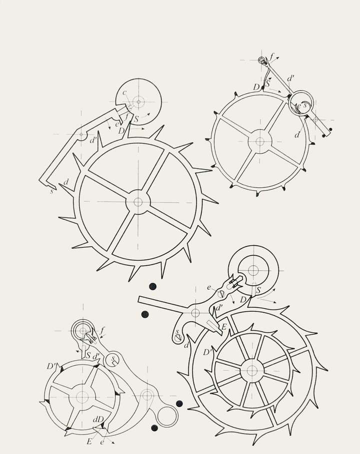 Cuatro escapes independientes de impulso directo (en el sentido de las agujas del reloj desde la parte superior izquierda): 1. Robert Robin, 2. Antoine Tavan, 3. Escape Co-Axial de George Daniels, patentado en 1979 y ahora utilizado en los relojes Omega, 4. Desconocido, similar al Grand Escape de doble impulso de Seiko. Página 438.