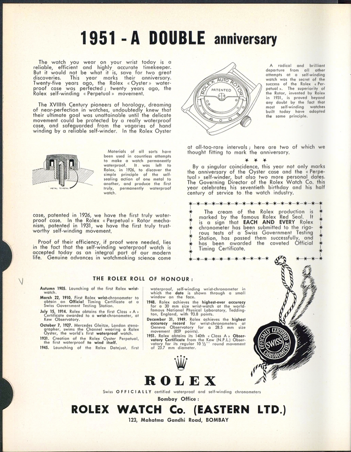1951: el 25 aniversario de la caja Oyster y el 20 aniversario del movimiento automático Rolex Perpetual en una edición de Europa Star.
