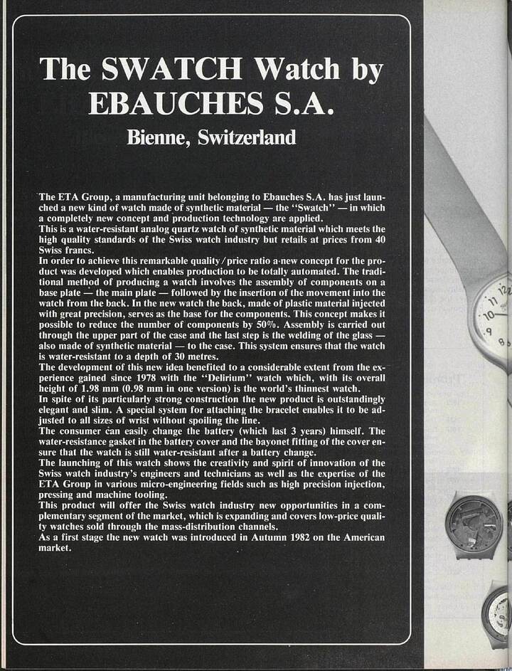 Este artículo, publicado en Noviembre de 1982, fue el primero en Europa Star en detallar el nuevo y radical Swatch.