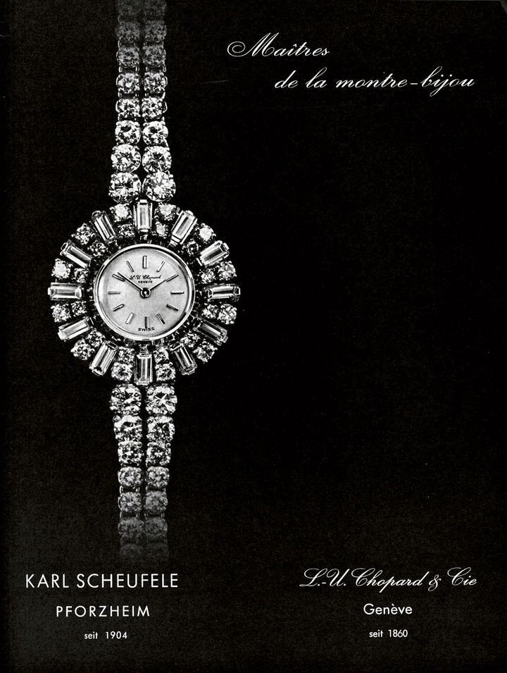 Cuando la familia Scheufele se mudó a Ginebra después de comprar Chopard en los años 60 y se concentró en los relojes de joyería, durante un tiempo se utilizaron ambos nombres, como lo muestra este archivo de 1965 del Journal Suisse d'Horlogerie (JSH).