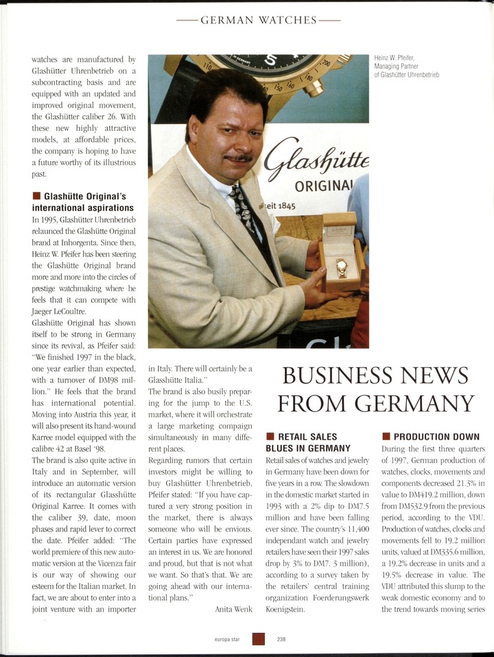 En este artículo de 1998, Europa Star repasa el renacimiento de Union Glashütte, que, junto con Glashütte Original, volvió a surgir tras la caída del Muro de Berlín. Diez años más tarde, las dos marcas se separaron para funcionar de forma independiente.