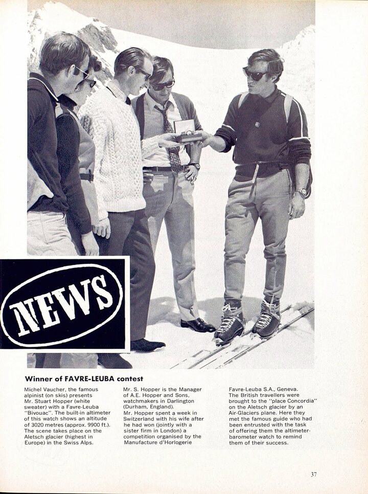 Favre-Leuba es una de las marcas de relojes Suizos más antiguas. En este archivo de Europa Star, el célebre alpinista Michel Vaucher (con esquís) le entrega al Sr. Stuart Hopper (saltador blanco) un Favre-Leuba Bivouac con un altímetro incorporado que indica una altitud de 3.020 metros. La escena tiene lugar en 1969 en el glaciar Aletsch, el glaciar más grande de Europa, en los Alpes suizos.